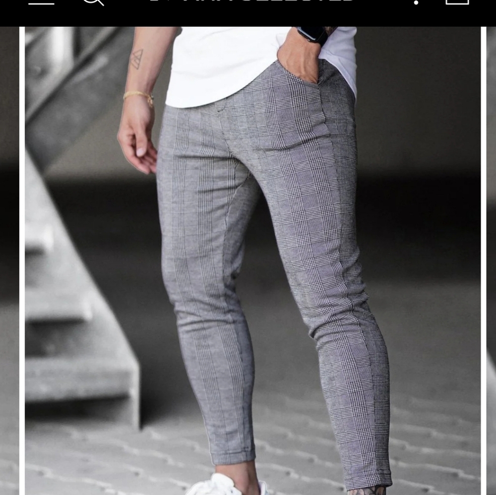 Men’s Gray Plaid Slim Fit Pants XL Tapered Stretch Streetwear AHA Selected